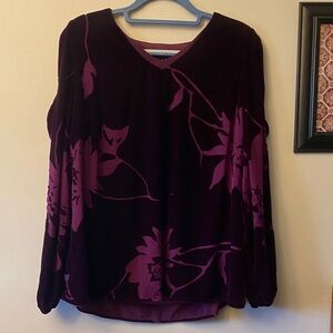 H by Halston Cold Shoulder Mulberry Velvet Burnout Floral V-Neck Blouse 🆕